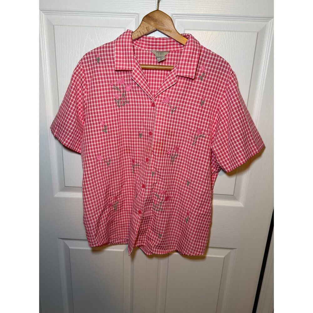 Teddi Pink Gingham Embroidered Floral Button Front Shirt Women's XL Cottagecore